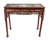 A Mother-of-Pearl Inlaid Rosewood Altar Table and Three Armchairs