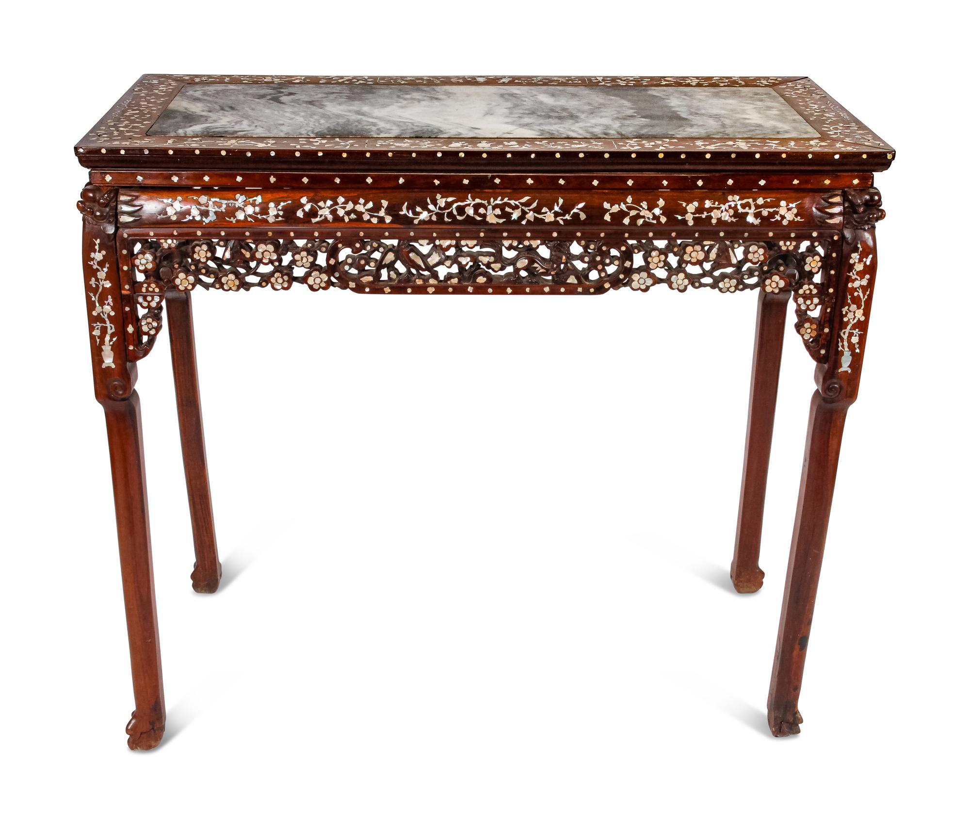 A Mother-of-Pearl Inlaid Rosewood Altar Table and Three Armchairs