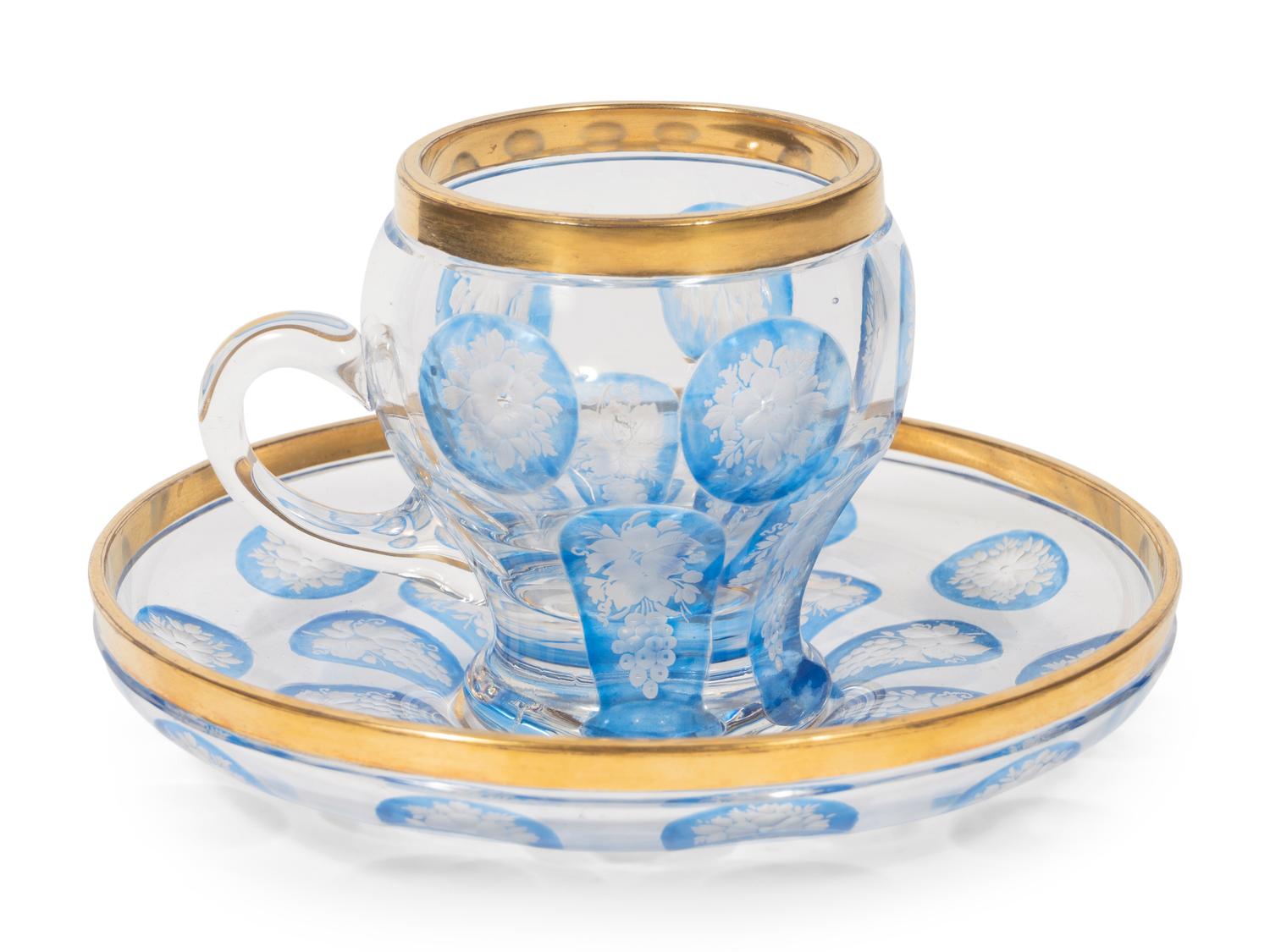 A Bohemian Cobalt Cut-to-Clear Glass Teacup and Saucer