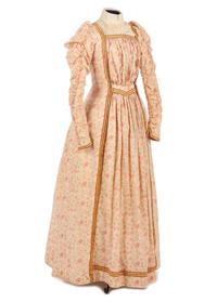 Printed Cotton and Lace Day Dress Trimmed with Velvet Ribbon, 1900