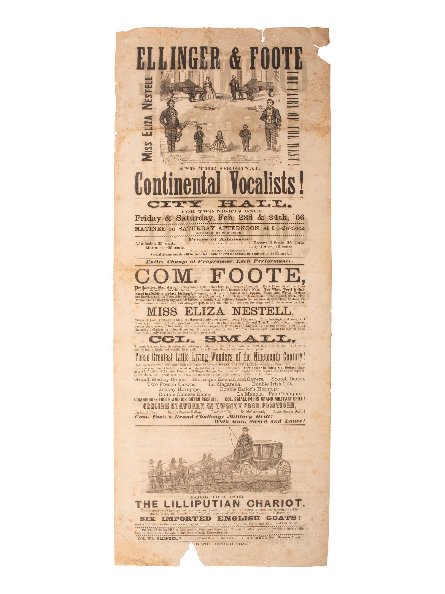 [ENTERTAINMENT] Theatrical broadside promoting musical groups & performers, incl. Com. Foote, 1866.