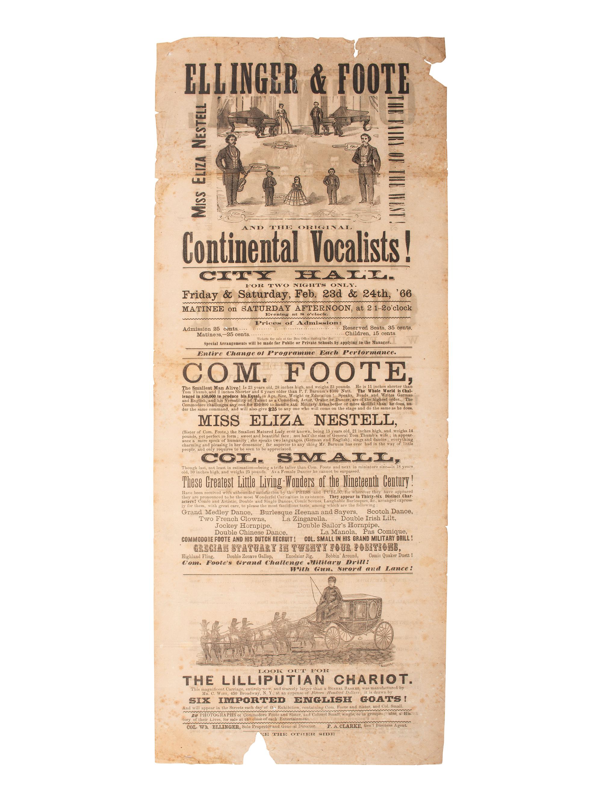 [ENTERTAINMENT] Theatrical broadside promoting musical groups & performers, incl. Com. Foote, 1866.