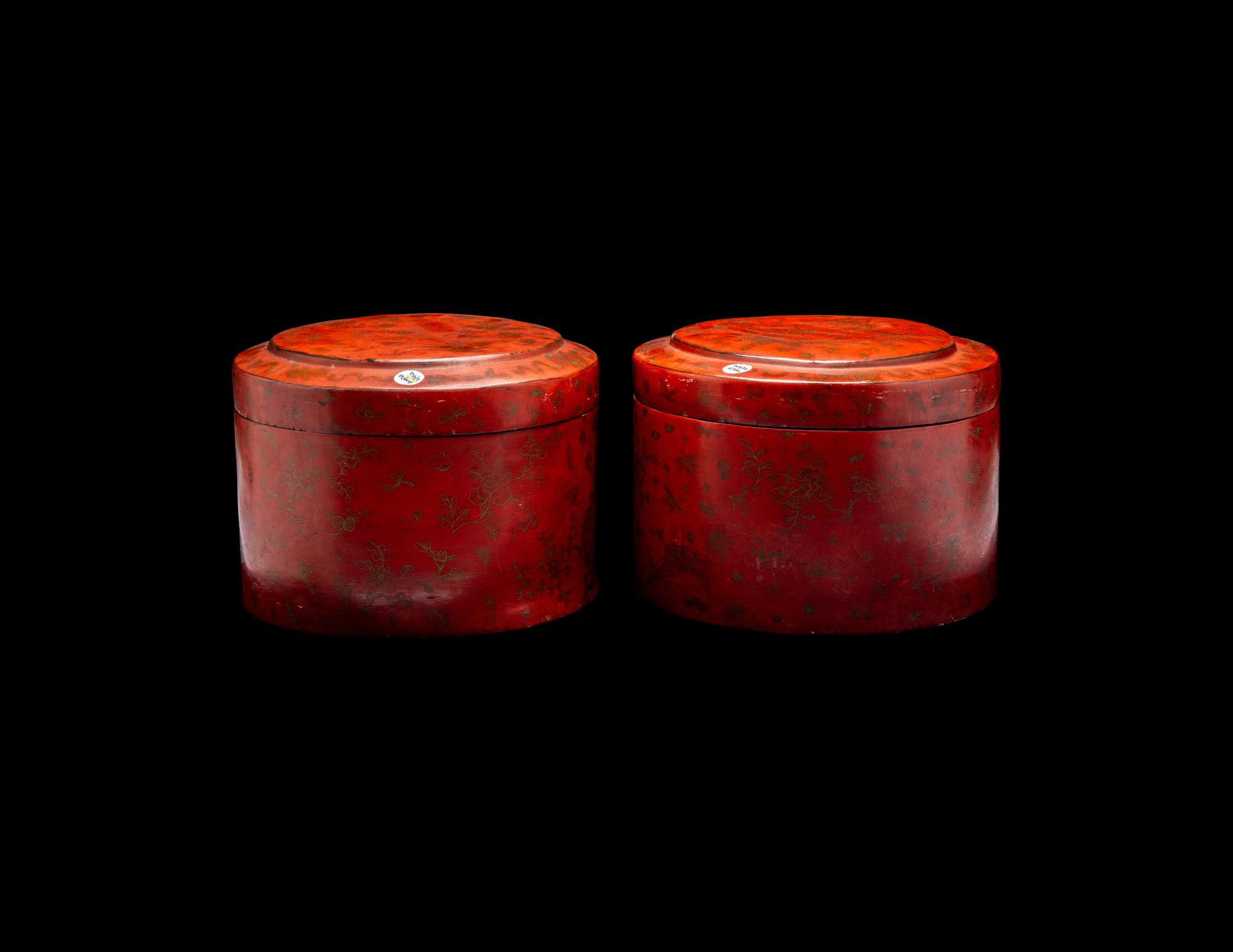 A Pair of Chinese Gilt Decorated Red Lacquer Hat Boxes