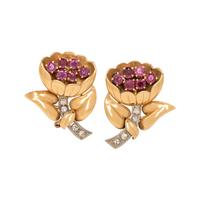 RETRO, YELLOW GOLD, DIAMOND AND RUBY FLORAL EARCLIPS