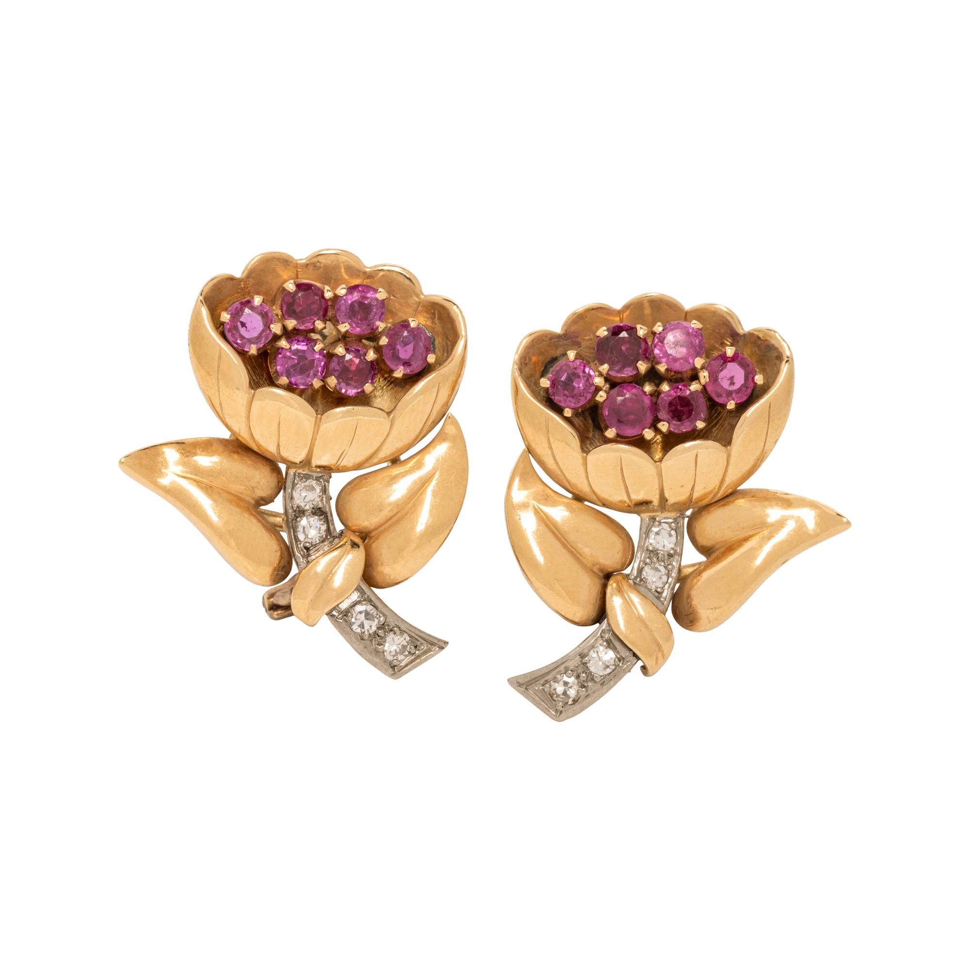 RETRO, YELLOW GOLD, DIAMOND AND RUBY FLORAL EARCLIPS