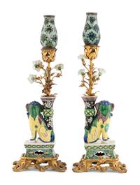A Pair of Gilt Bronze Mounted Chinese Porcelain Foo Dog Lamps