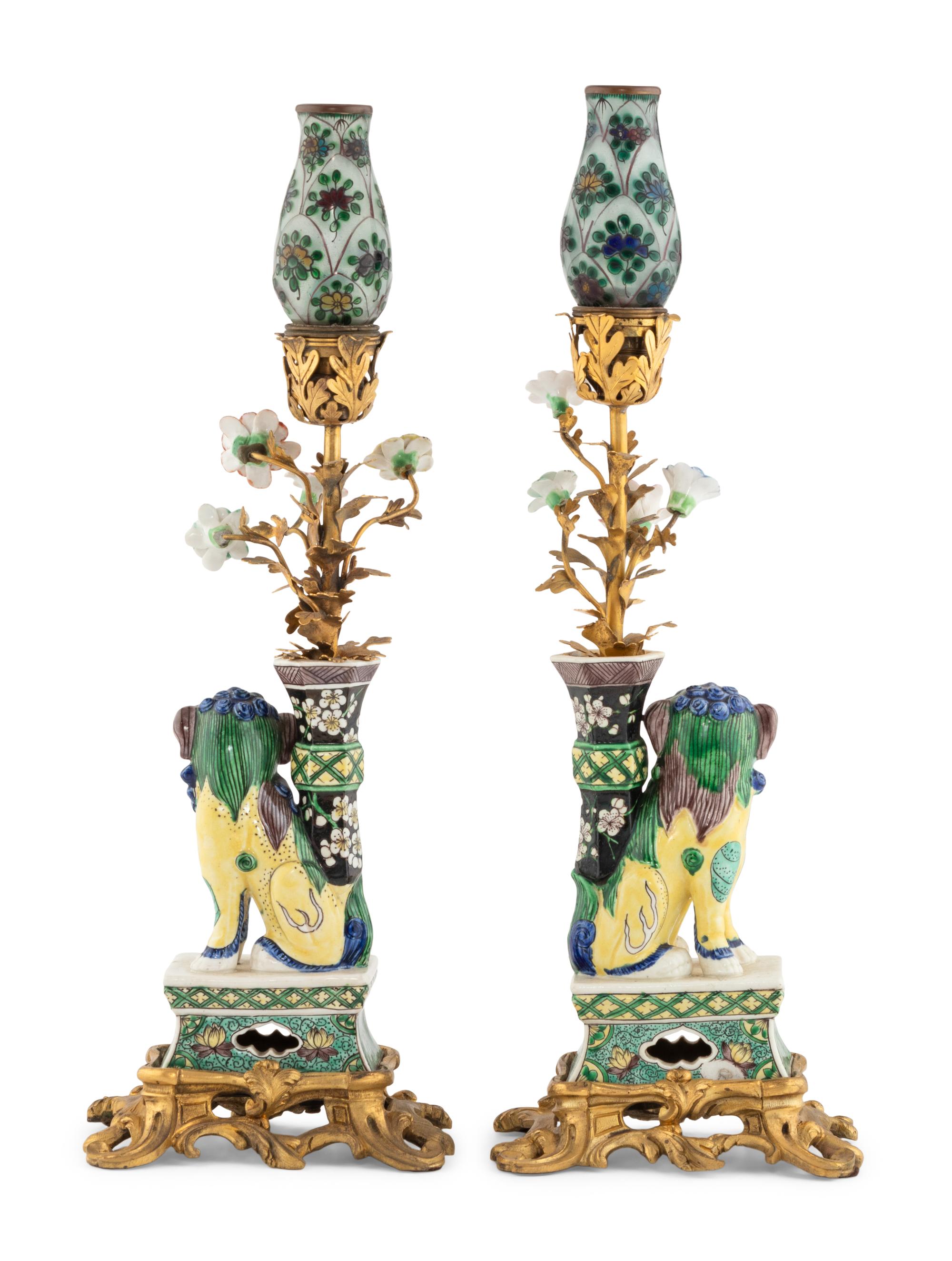 A Pair of Gilt Bronze Mounted Chinese Porcelain Foo Dog Lamps