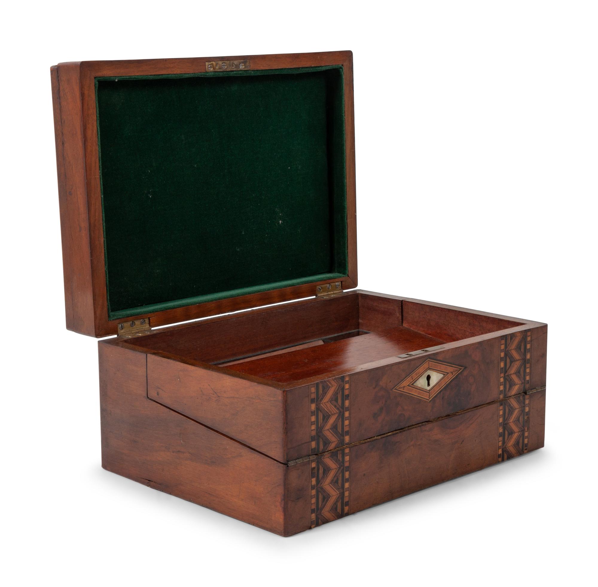 A Regency Parquetry and Mother-of-Pearl Inlaid Walnut Writing Box