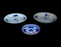 Two Chinese Blue and White Porcelain Dishes and a Small Japanese Blue and White Dish