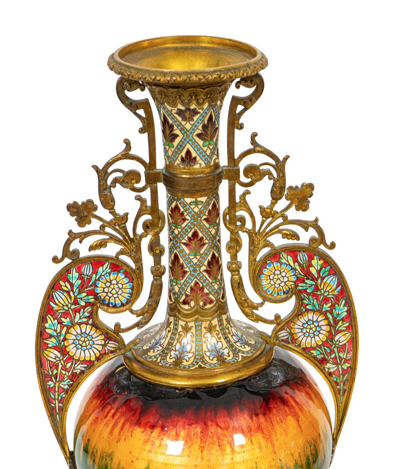 A Pair of French Gilt Bronze, Champlevé Enamel and Plique a Jour Baluster Vases