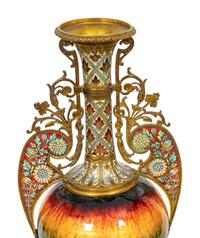 A Pair of French Gilt Bronze, Champlevé Enamel and Plique a Jour Baluster Vases