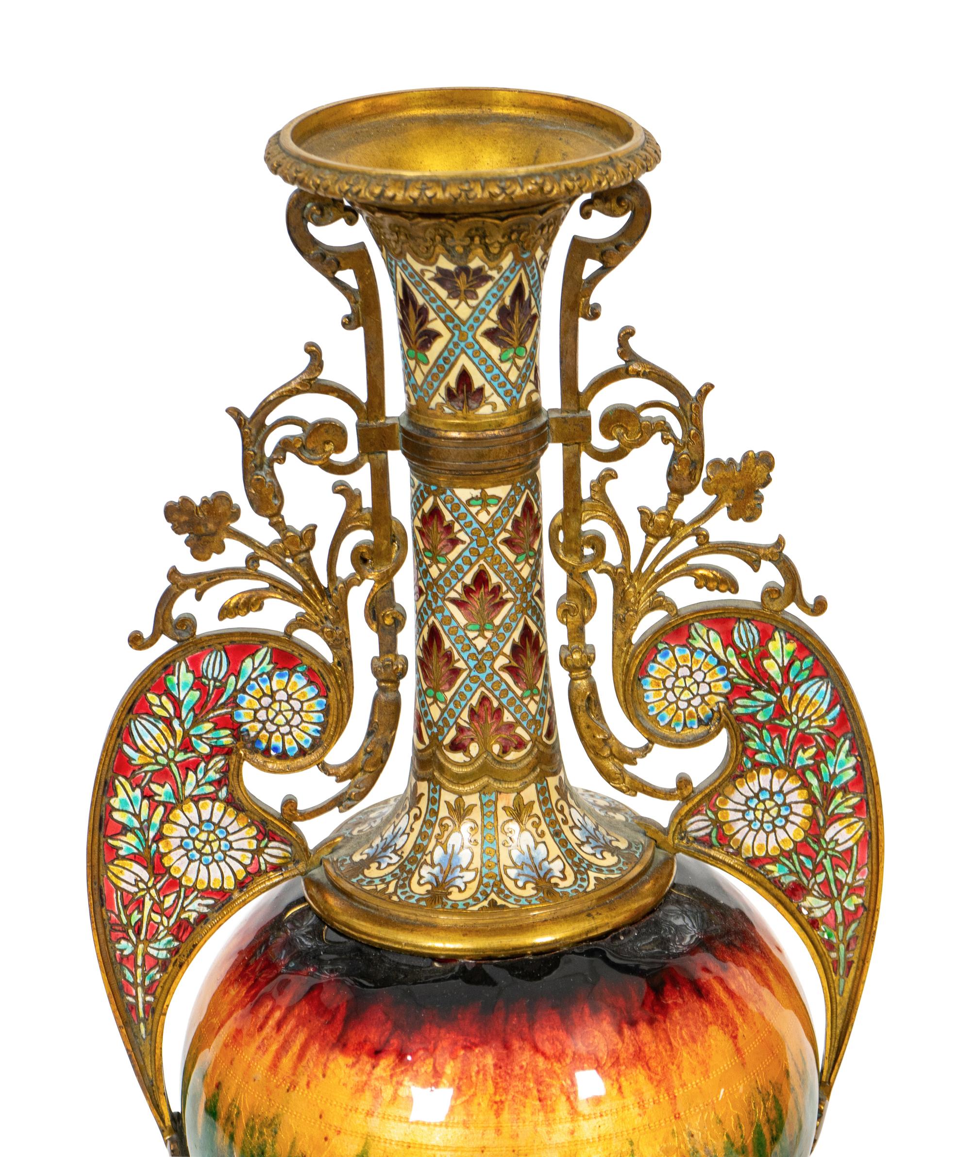 A Pair of French Gilt Bronze, Champlevé Enamel and Plique a Jour Baluster Vases