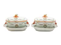 A Pair of Chinese Export Porcelain Armorial Soup Tureens on Stands, Made for the German Market