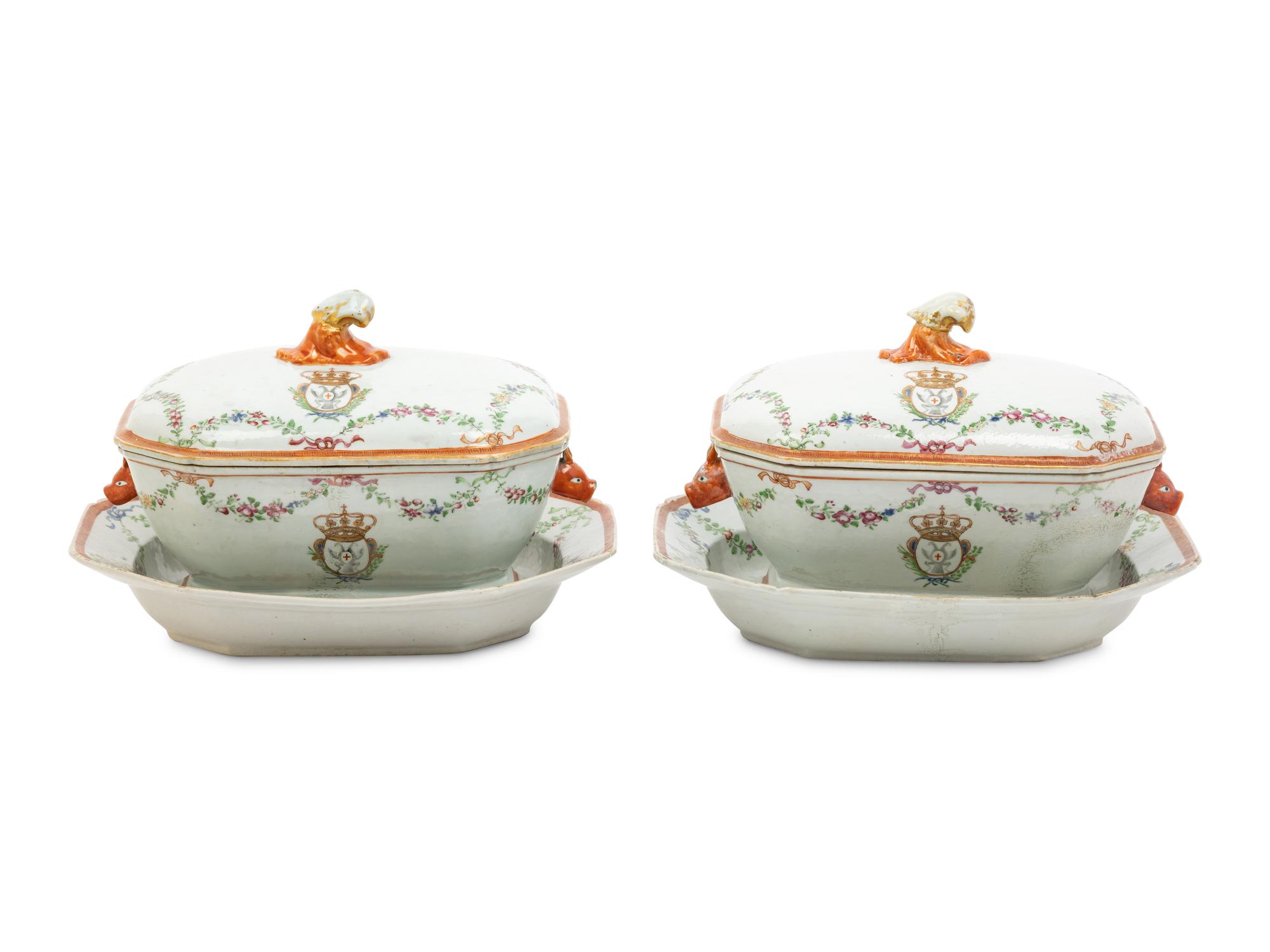 A Pair of Chinese Export Porcelain Armorial Soup Tureens on Stands, Made for the German Market