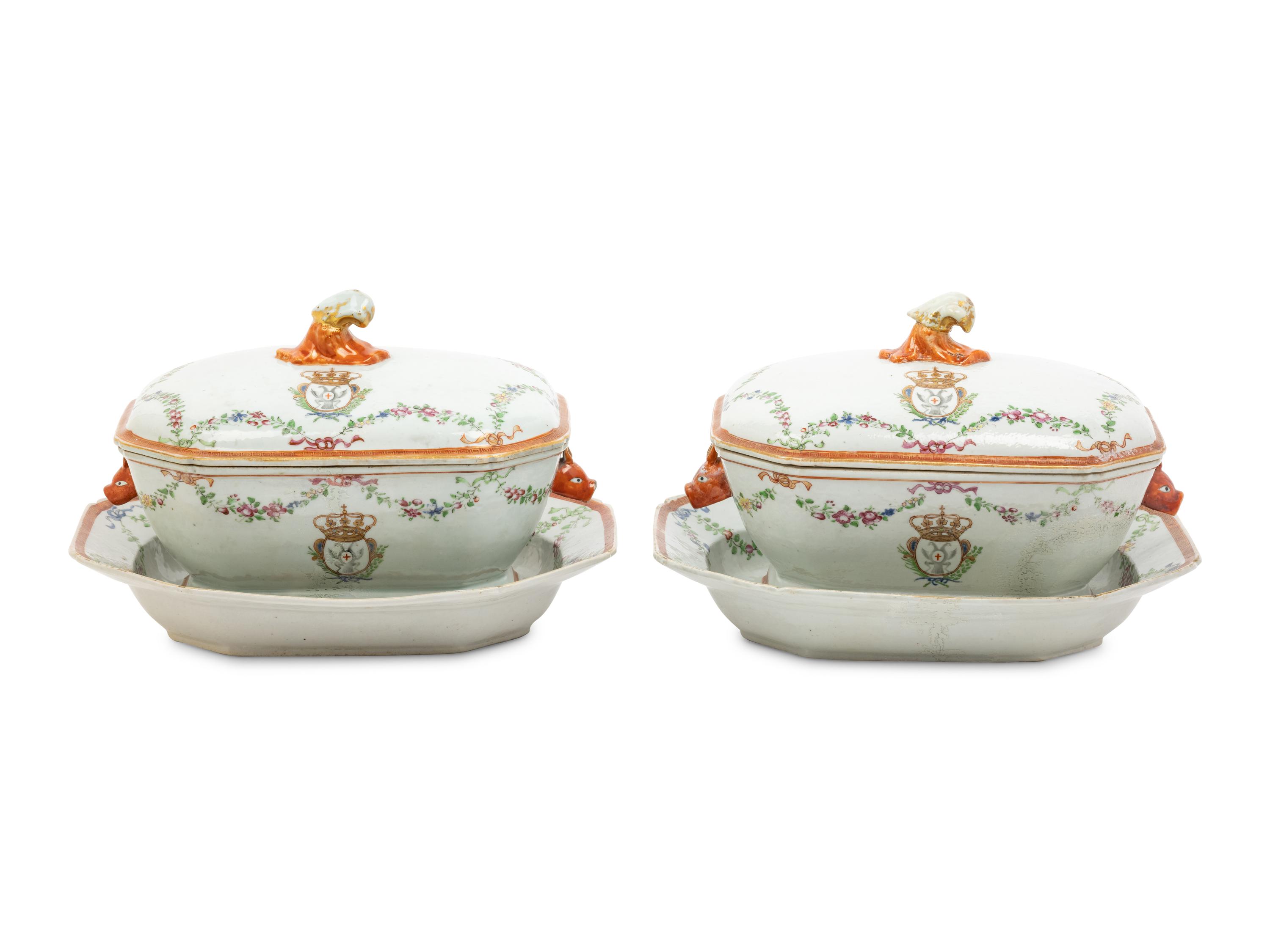 A Pair of Chinese Export Porcelain Armorial Soup Tureens on Stands, Made for the German Market