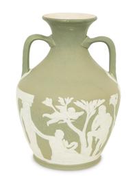 A Green Wedgwood Jasperware Portland Vase and Biscuit Barrell with Silver Plate Handle, Top and Base combined with biscuit barrell 323704/124