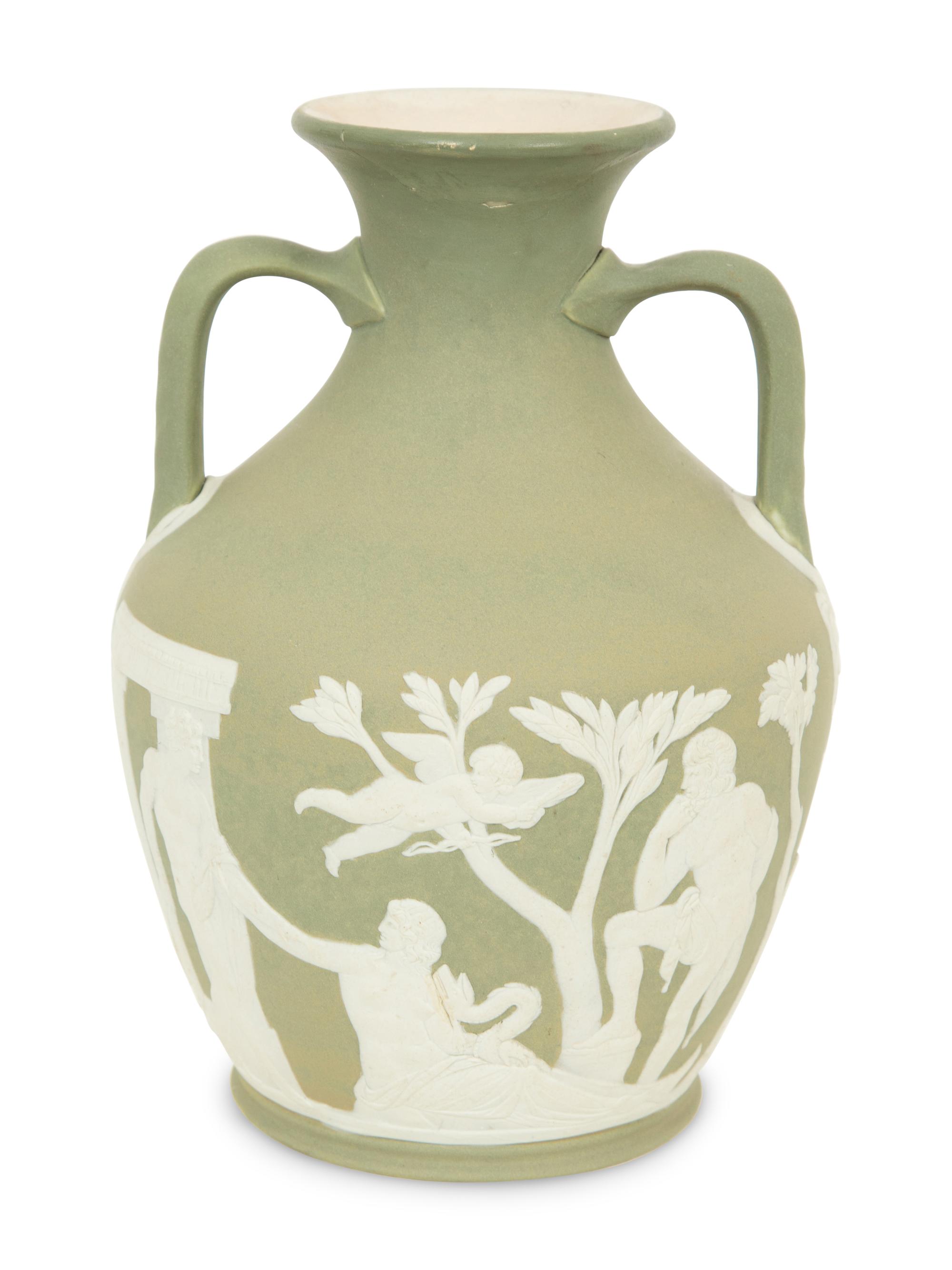 A Green Wedgwood Jasperware Portland Vase and Biscuit Barrell with Silver Plate Handle, Top and Base combined with biscuit barrell 323704/124