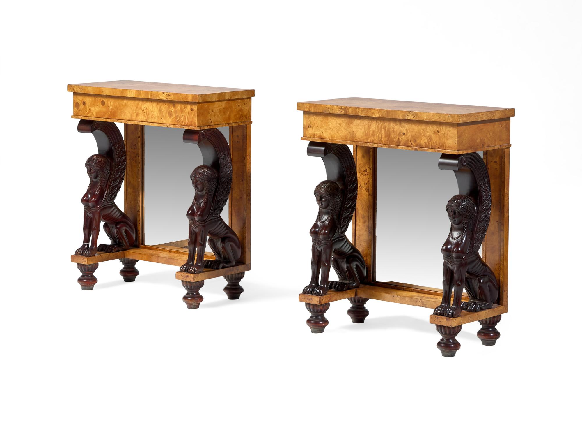A Pair of Directoire Style Burlwood Console Tables