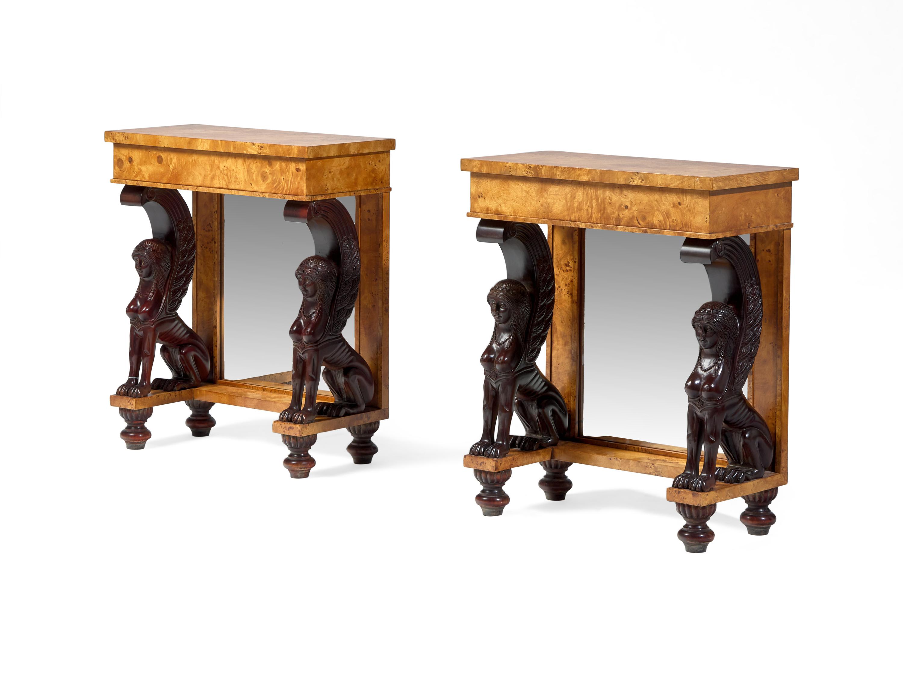 A Pair of Directoire Style Burlwood Console Tables