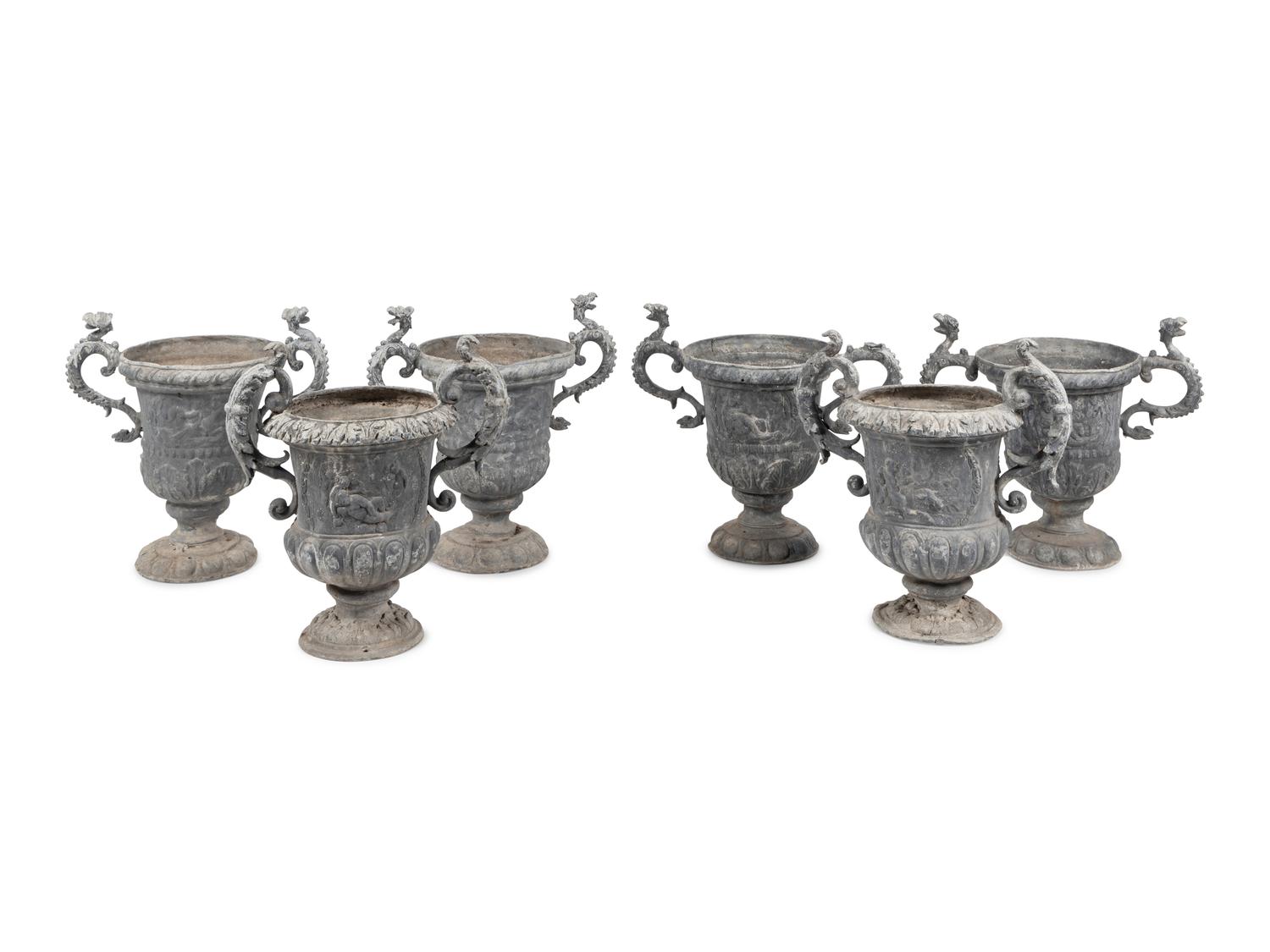 A Group of Six Cast Metal Campagna-Form Jardinières