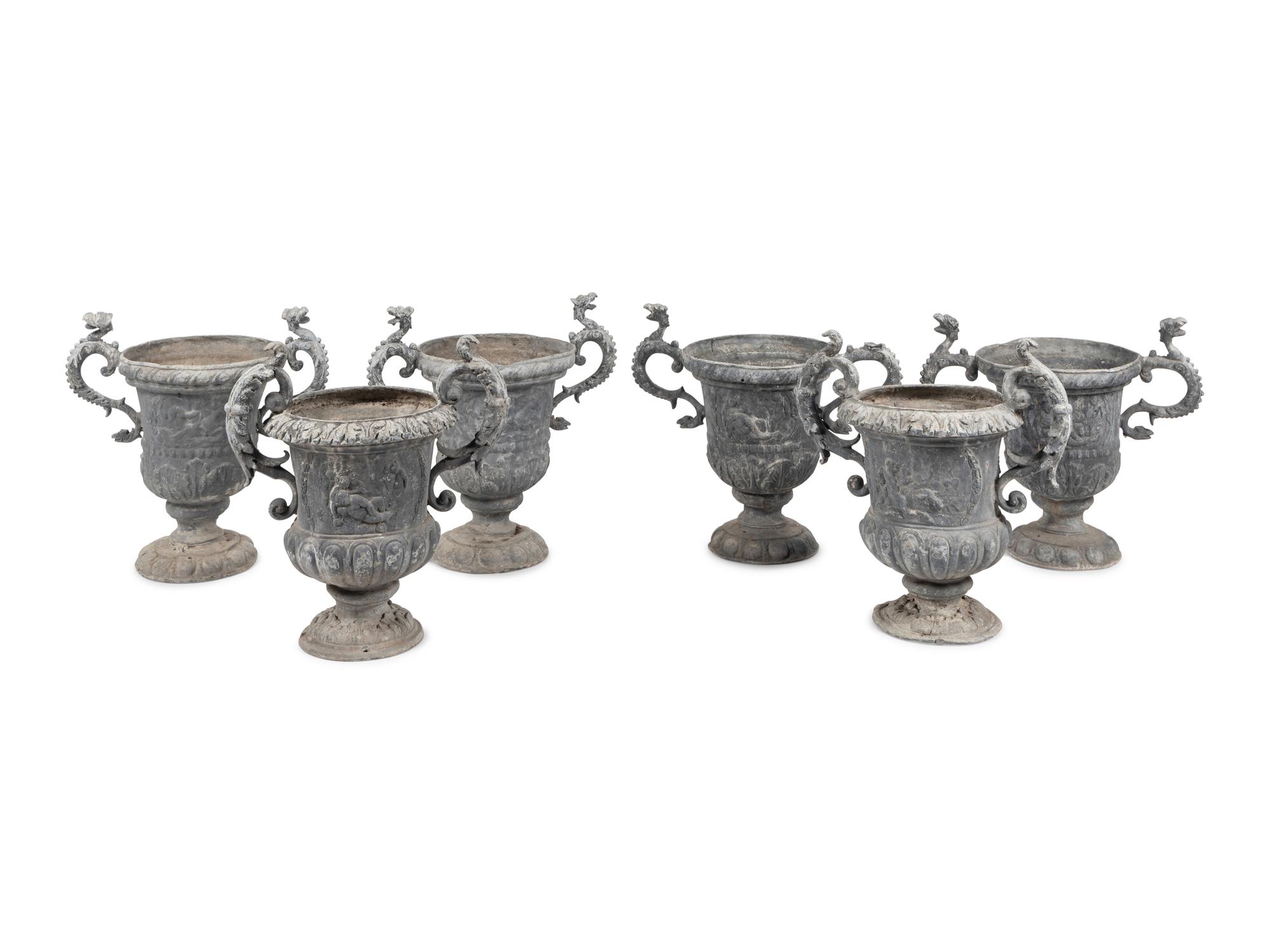 A Group of Six Cast Metal Campagna-Form Jardinières