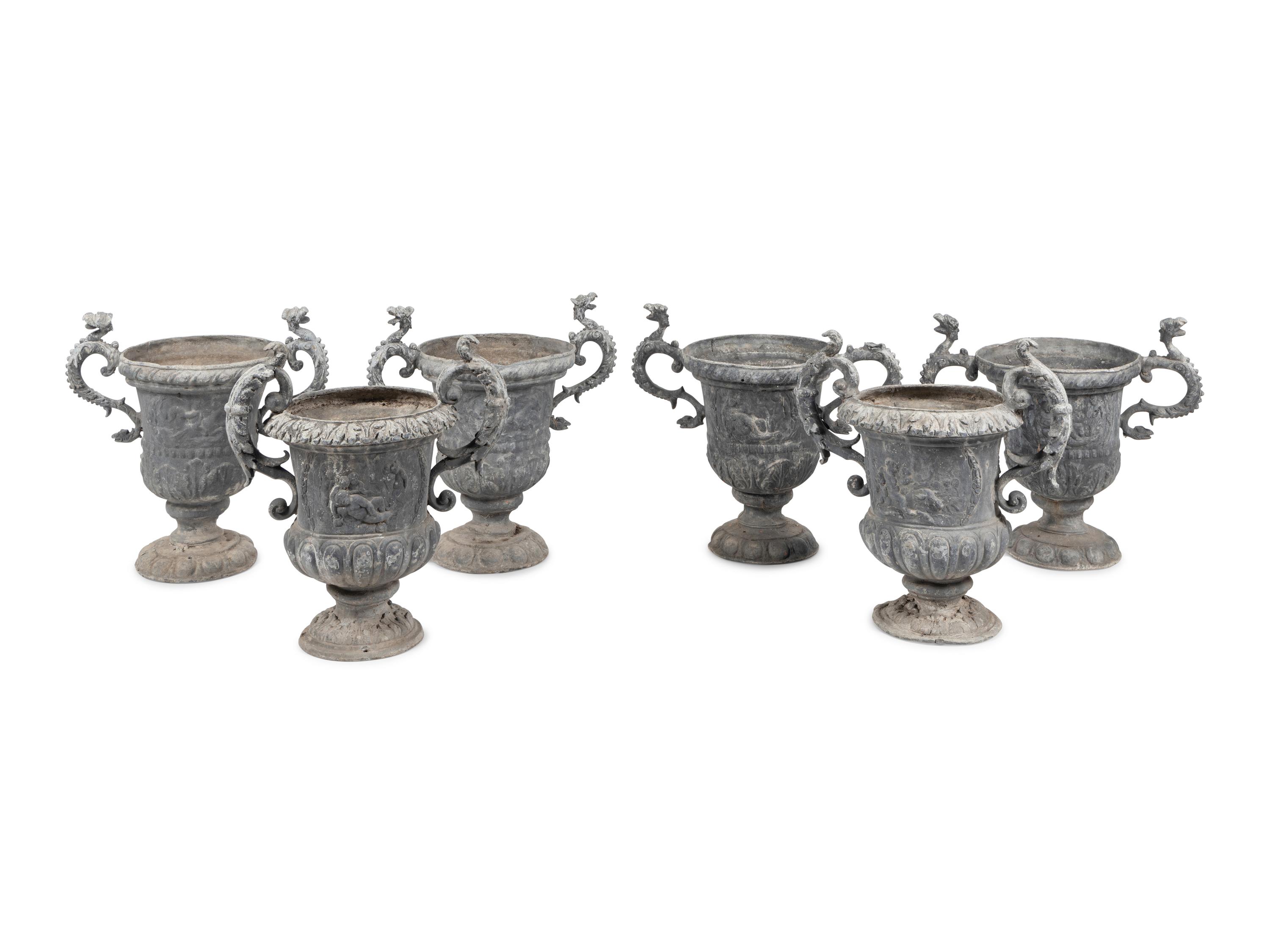 A Group of Six Cast Metal Campagna-Form Jardinières