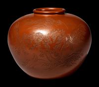 A Japanese Persimmon Glazed Pottery 'Landscape' Jar