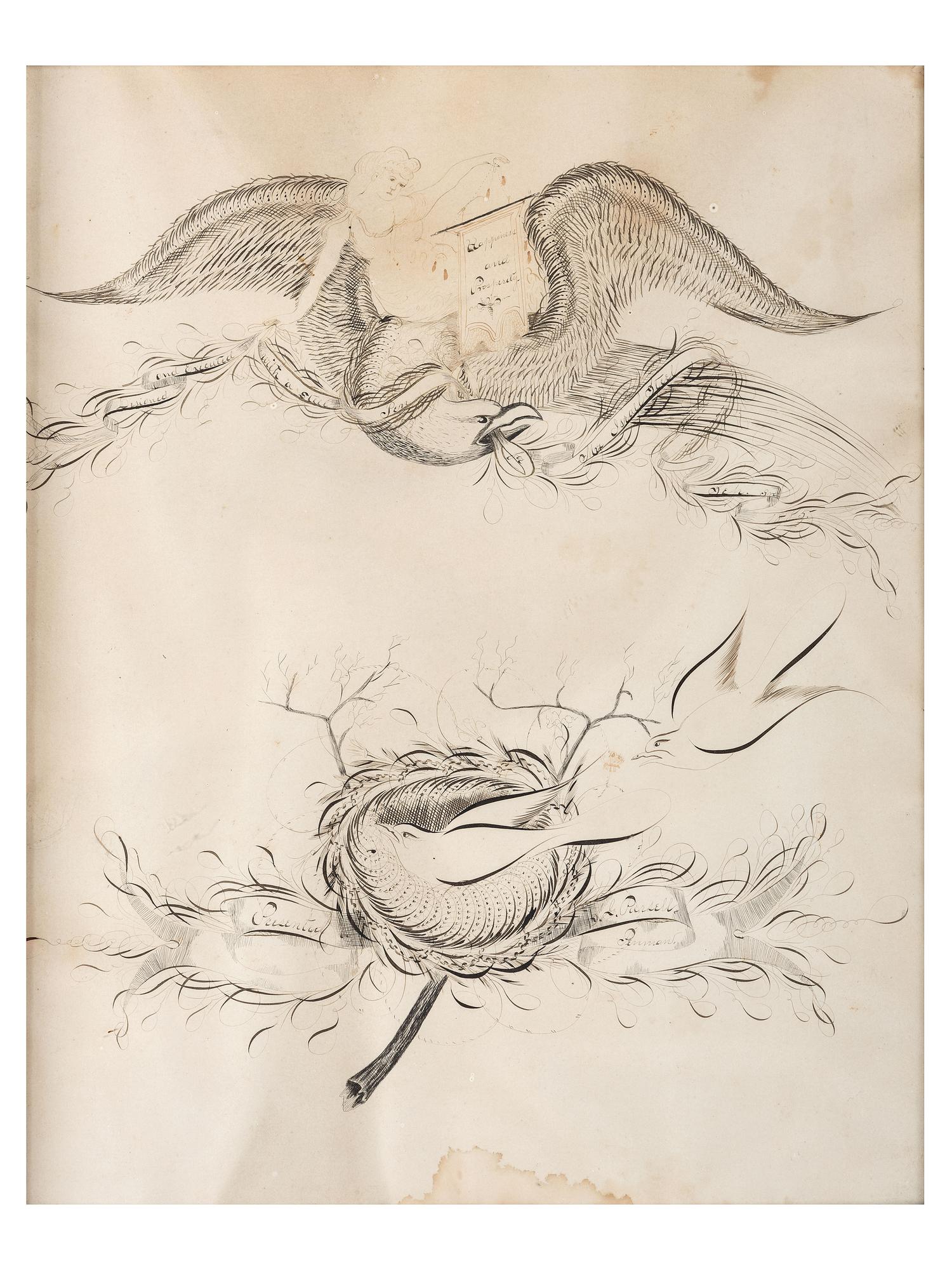A Calligraphy Penmanship Picture with an Eagle and a Dove