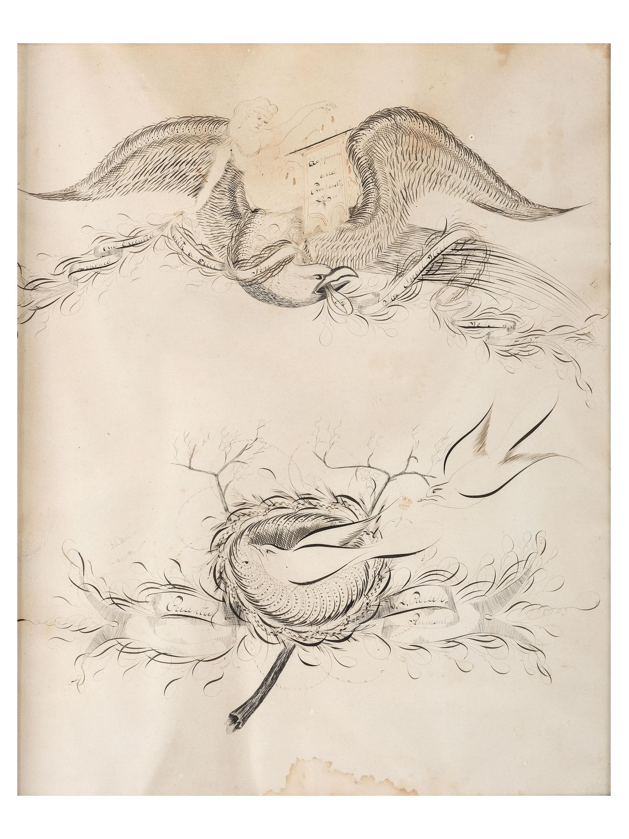 A Calligraphy Penmanship Picture with an Eagle and a Dove