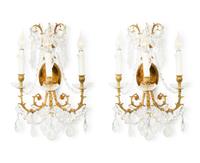 A Pair of Gilt Metal and Cut Glass Three-Light Wall Lights