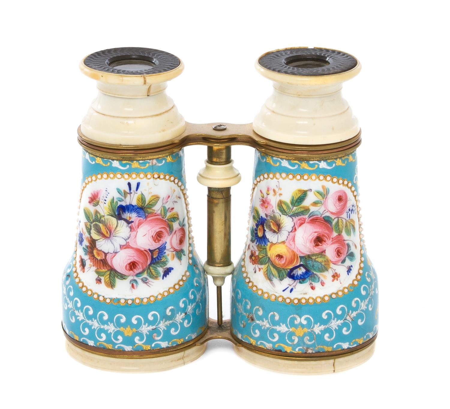 A Pair of French Enameled and Ivory Inset Binoculars, Width 4 3/4 inches.