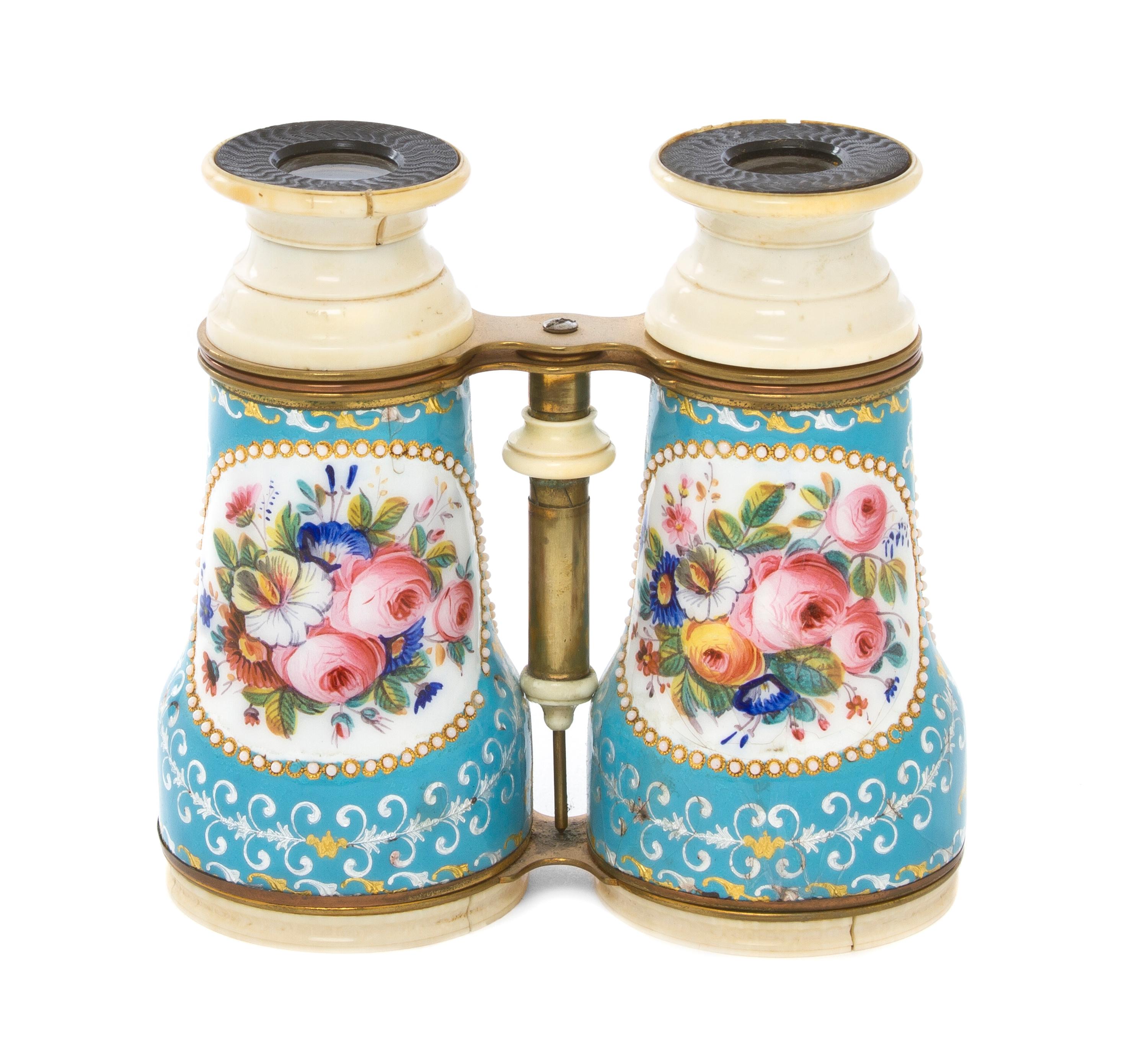 A Pair of French Enameled and Ivory Inset Binoculars, Width 4 3/4 inches.