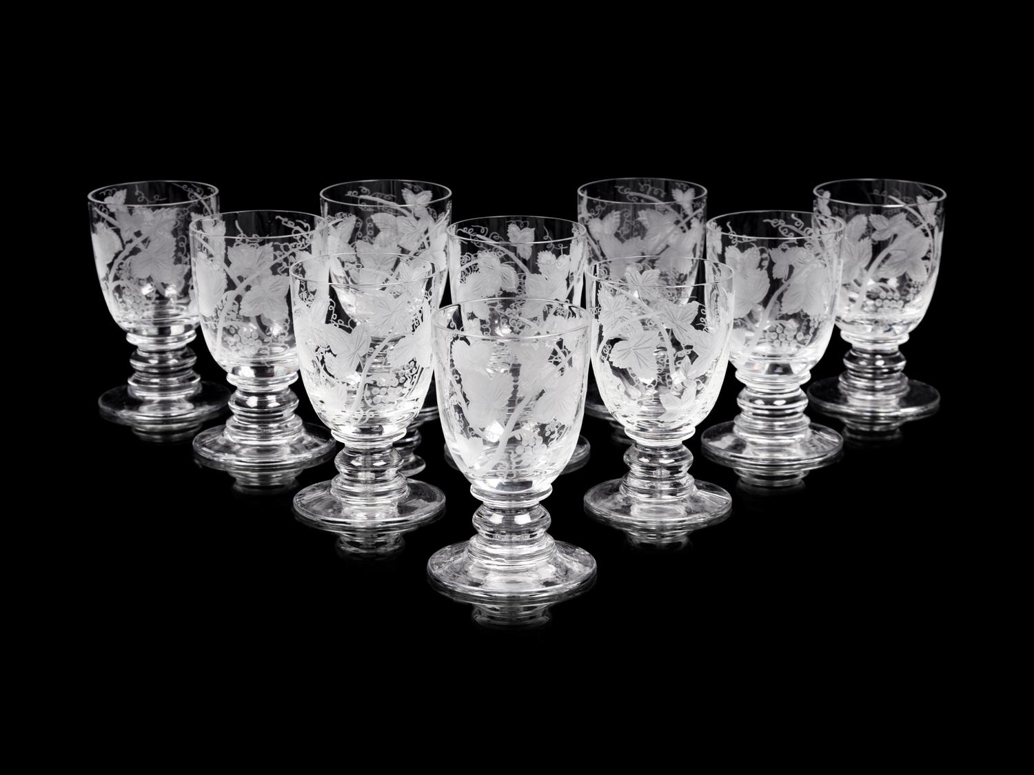 A Set of Sixteen William Yeoward Etched Glass Wine Goblets