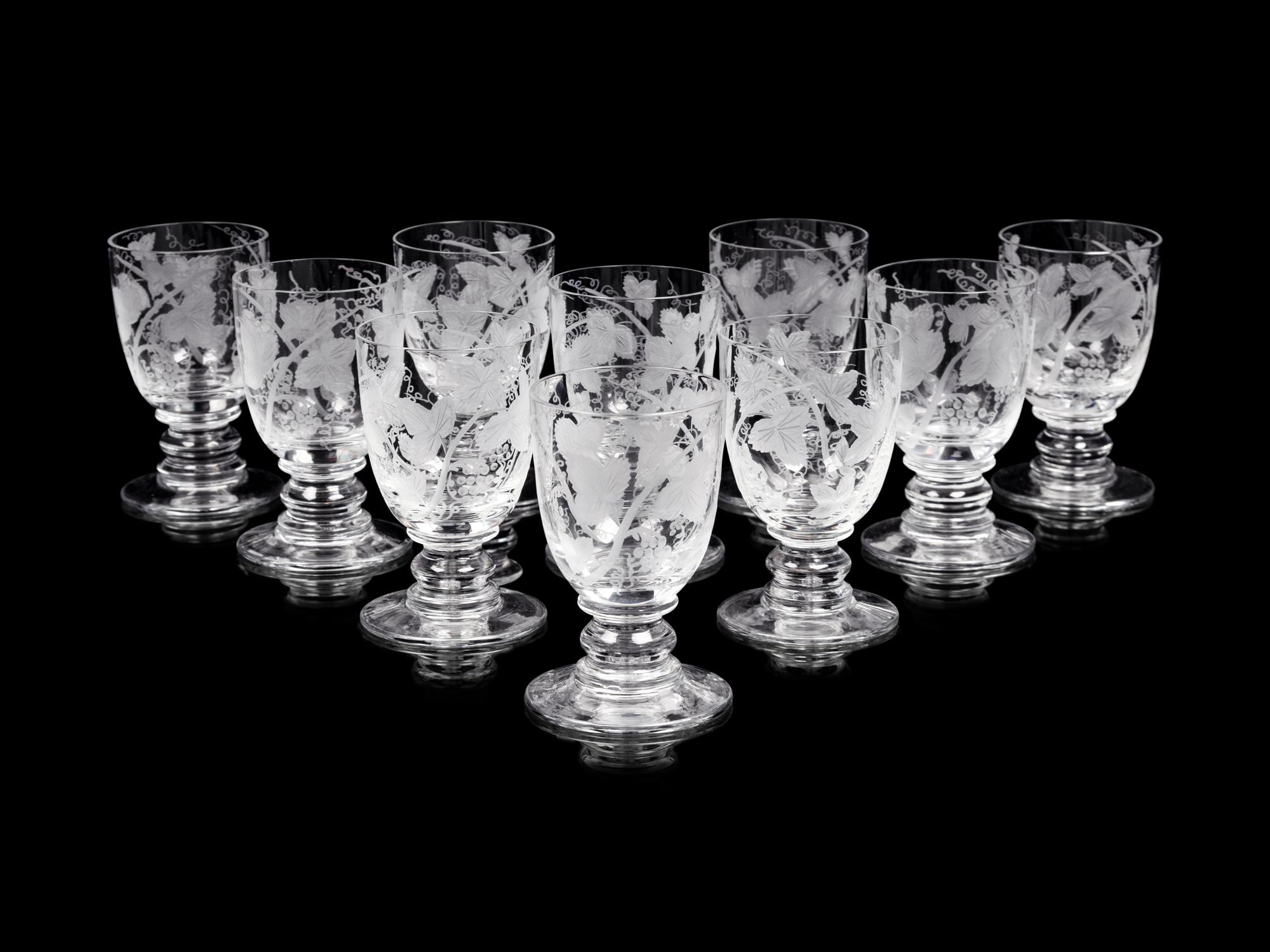 A Set of Sixteen William Yeoward Etched Glass Wine Goblets