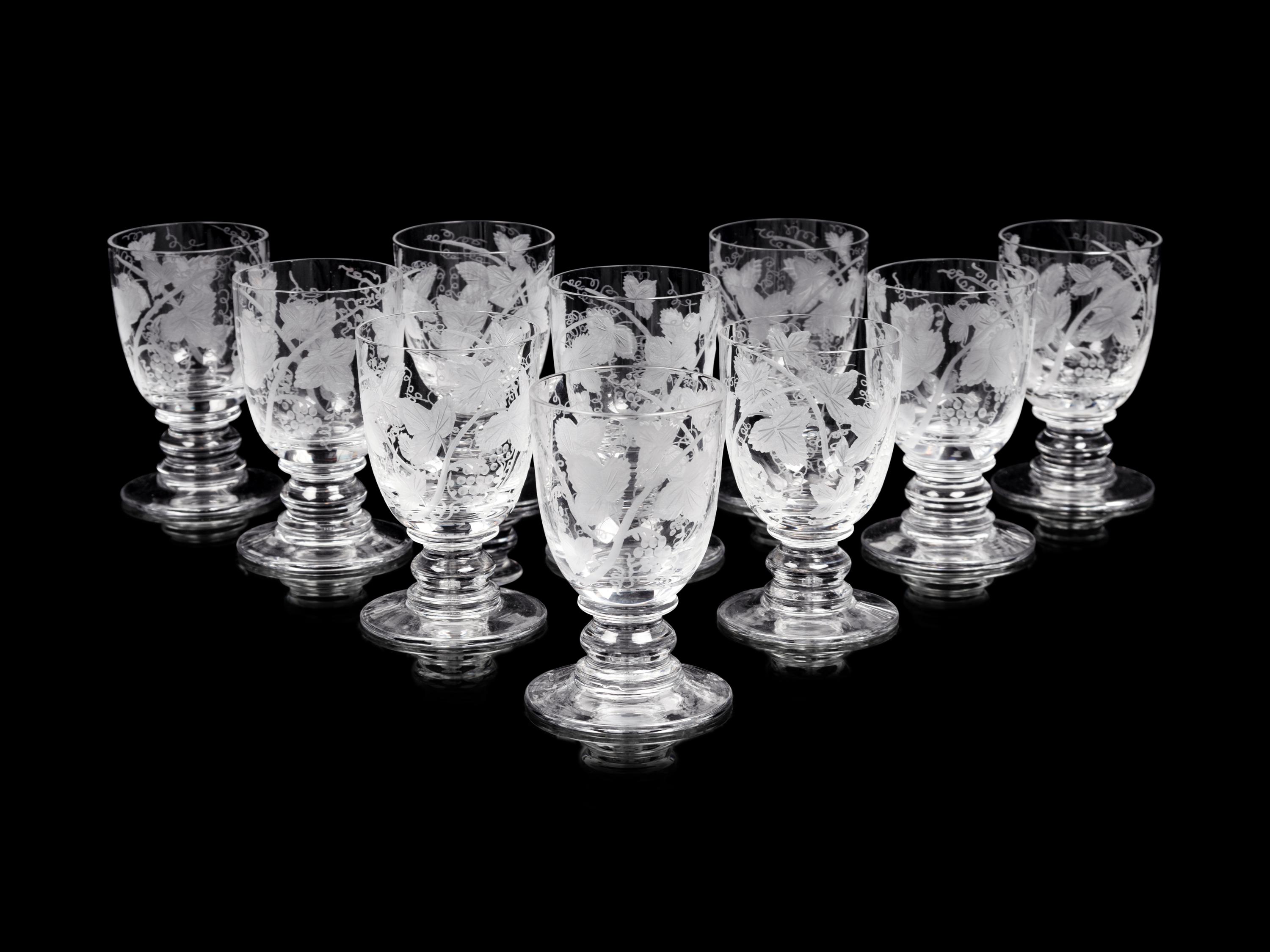 A Set of Sixteen William Yeoward Etched Glass Wine Goblets