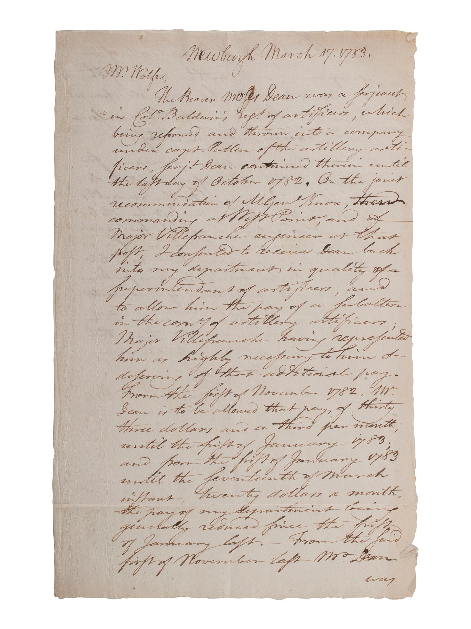 PICKERING, Timothy (1745-1829). Autograph letter signed ("T. Pickering QMG") as Quartermaster General of the Continental Army. Newburgh, 17 March 1783.