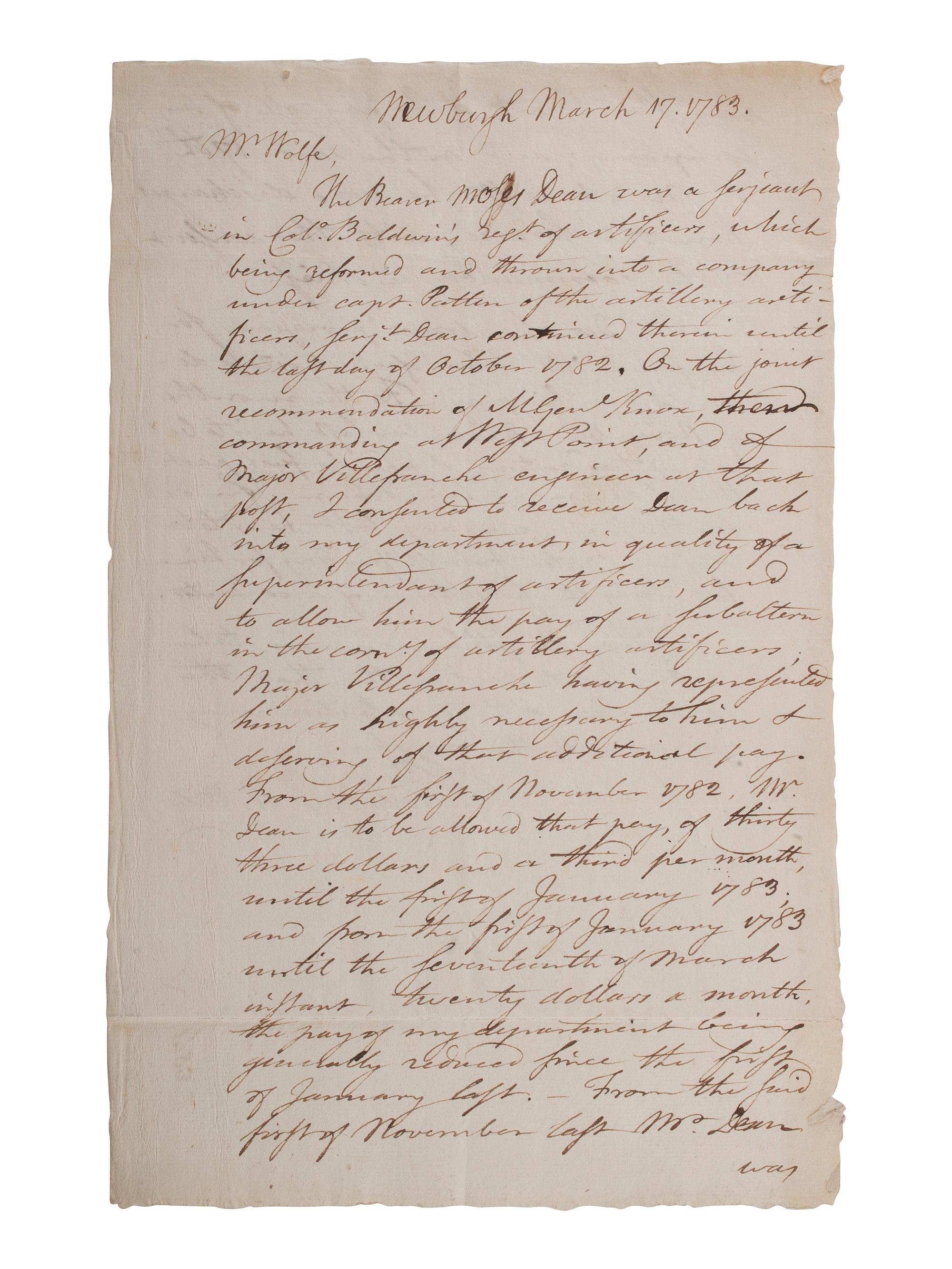 PICKERING, Timothy (1745-1829). Autograph letter signed ("T. Pickering QMG") as Quartermaster General of the Continental Army. Newburgh, 17 March 1783.