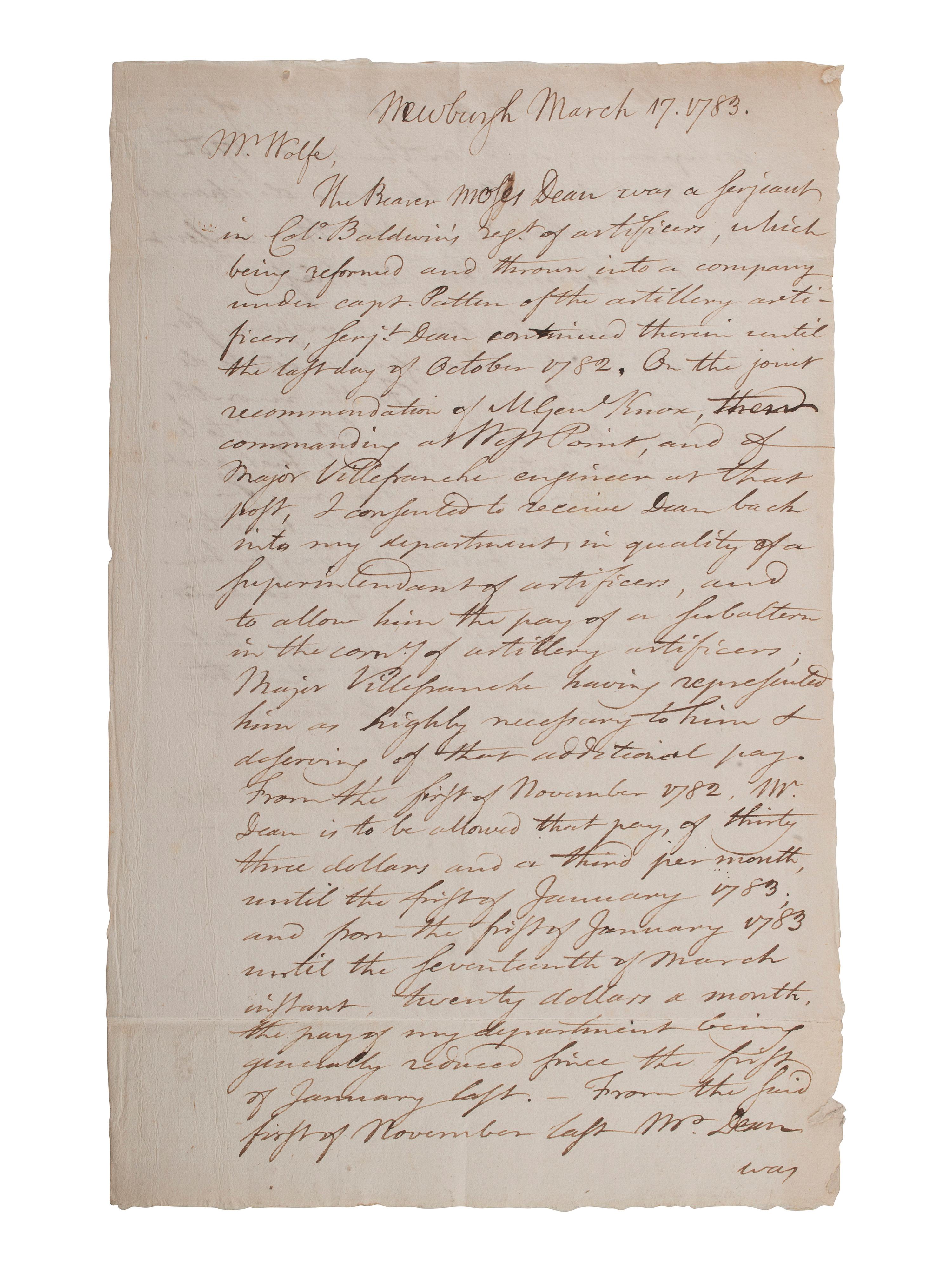 PICKERING, Timothy (1745-1829). Autograph letter signed ("T. Pickering QMG") as Quartermaster General of the Continental Army. Newburgh, 17 March 1783.