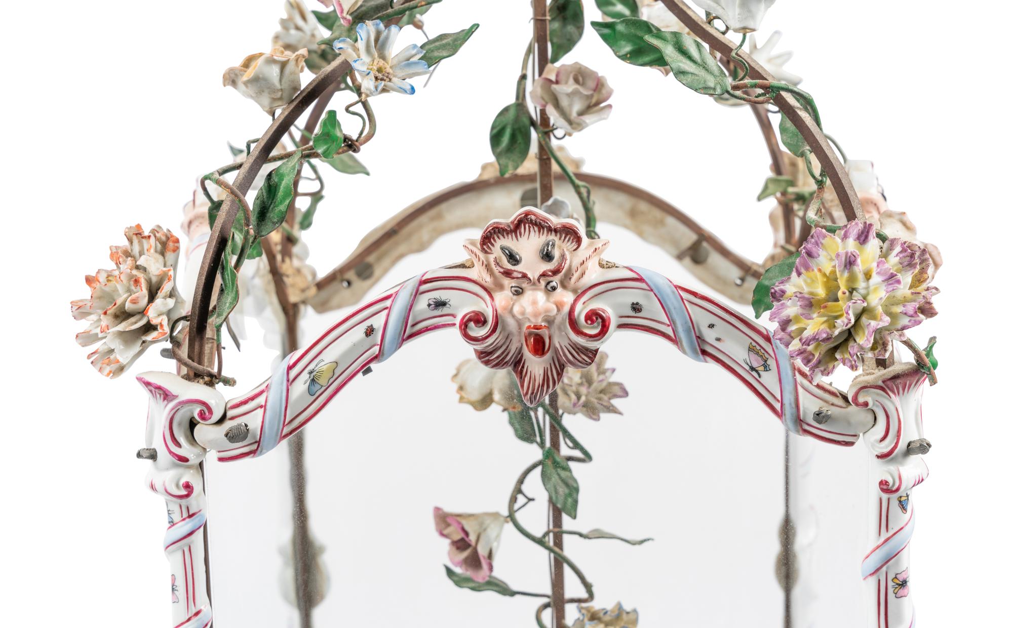 A French Gilt Metal, Porcelain and Tôle Four-Light Lantern