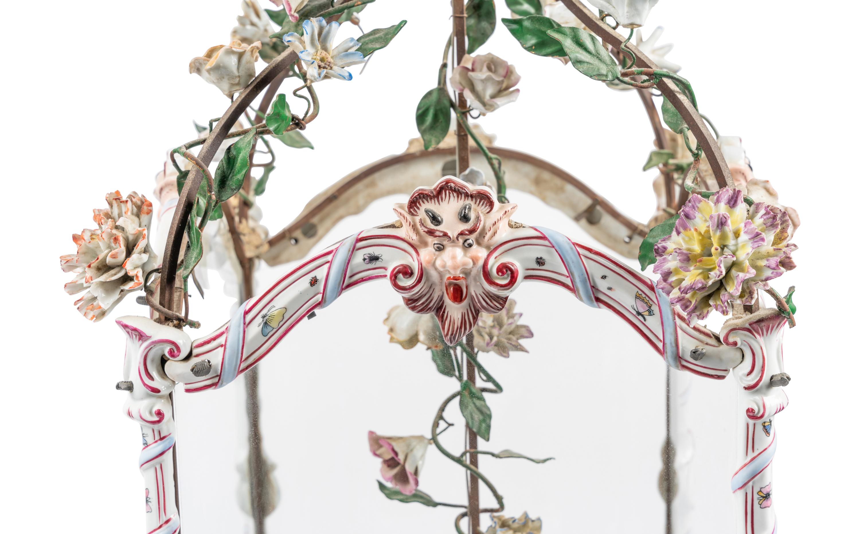 A French Gilt Metal, Porcelain and Tôle Four-Light Lantern