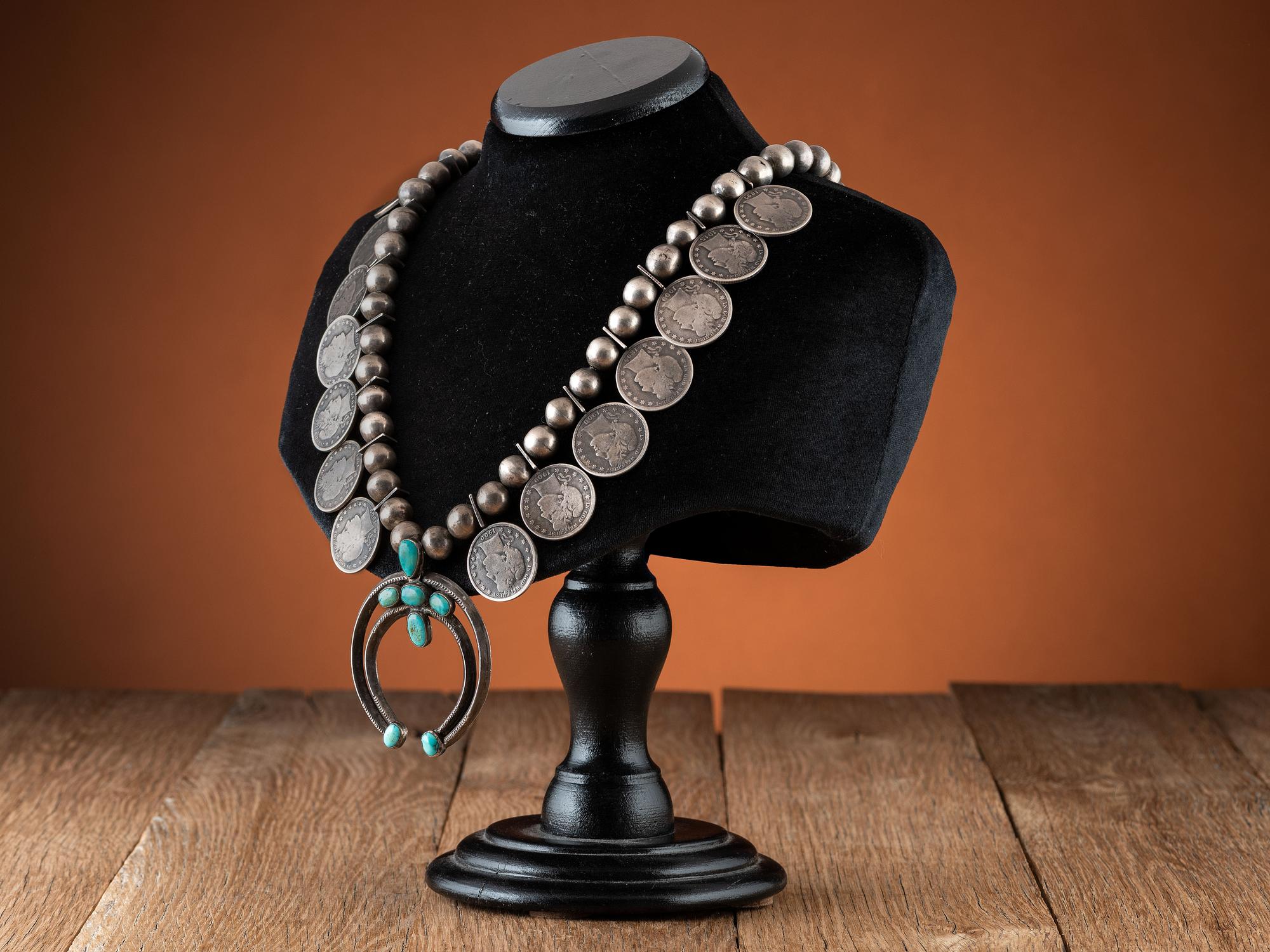 Navajo Silver and Turquoise Squash Blossom Necklace