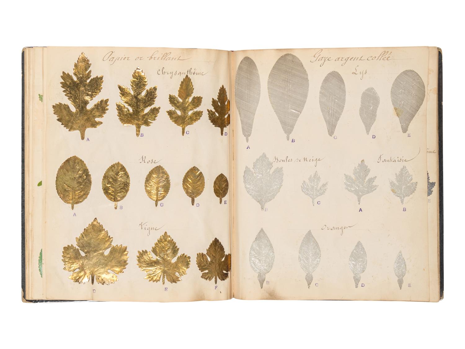 [SPECIMEN ALBUM - ARTIFICIAL LEAVES AND FLOWERS]. Collection of artificial leaves and flowers. [France, ca 1880?].