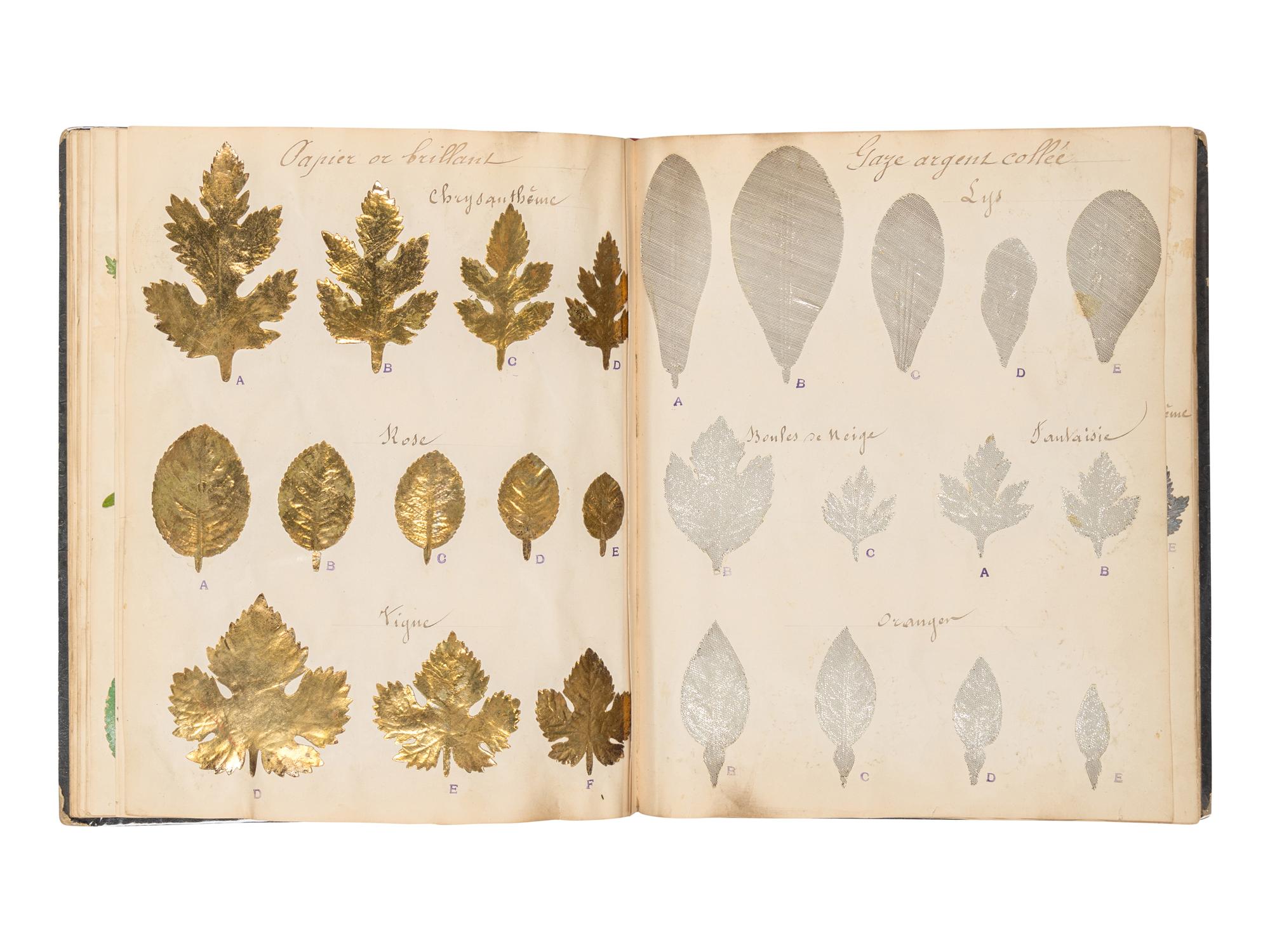 [SPECIMEN ALBUM - ARTIFICIAL LEAVES AND FLOWERS]. Collection of artificial leaves and flowers. [France, ca 1880?].