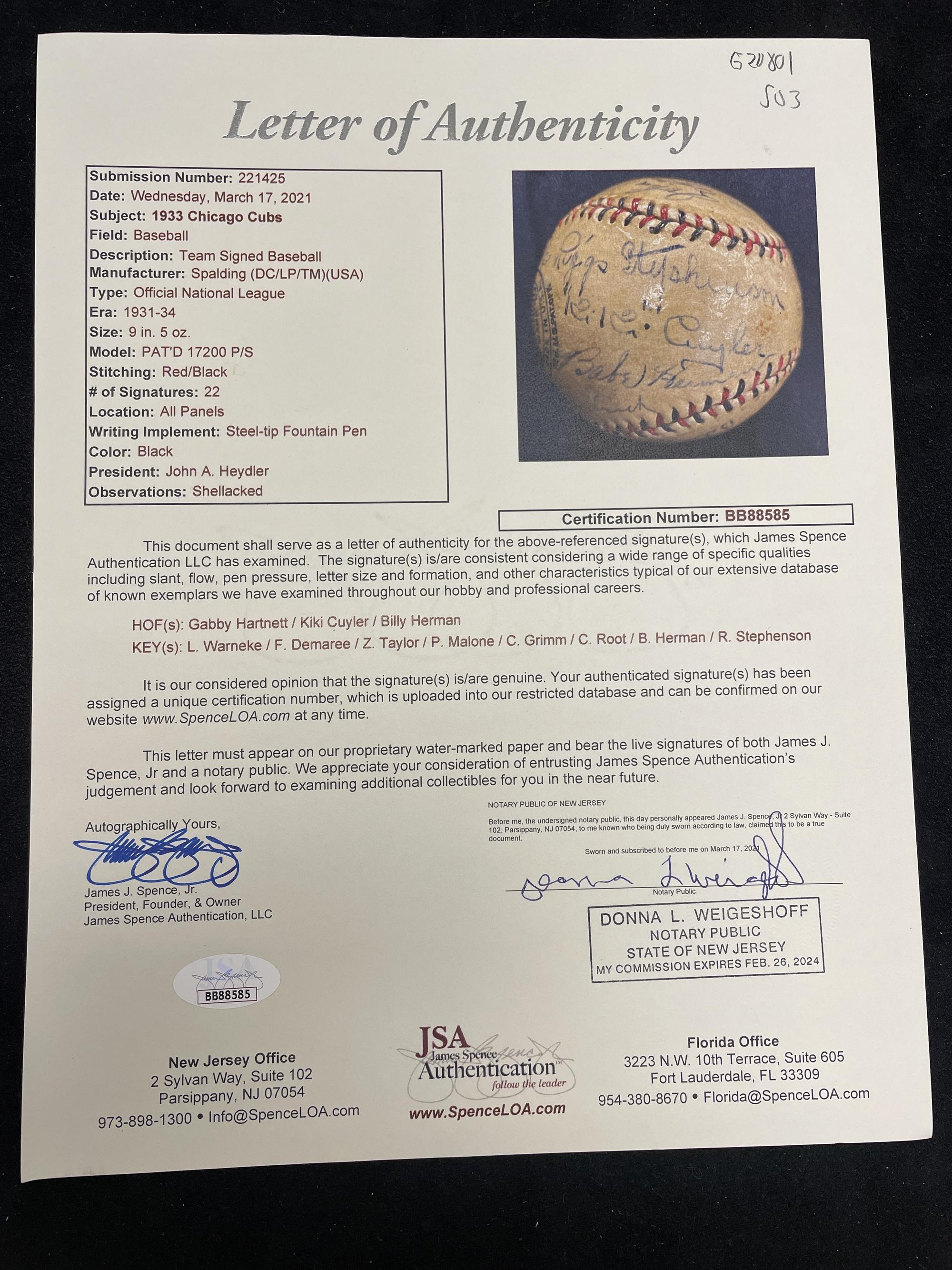 A 1933 Chicago Cubs Team Signed Autograph Baseball (JSA Letter of Authenticity),