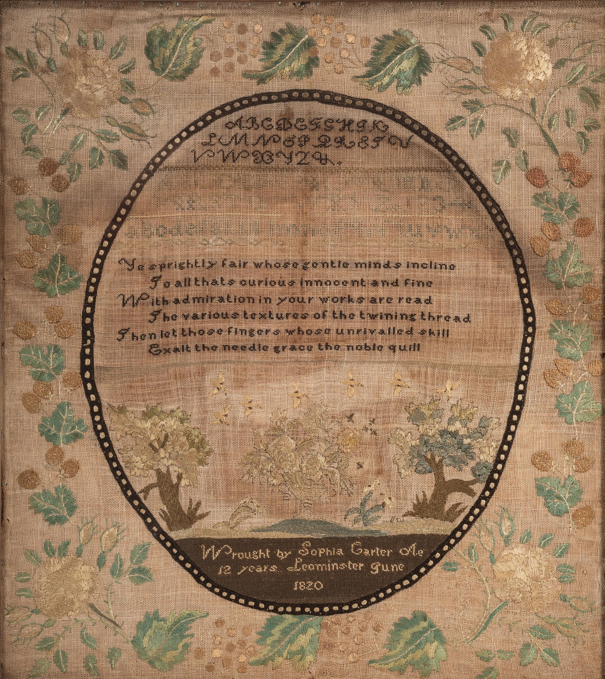 A Needlework Embroidered Sampler, Wrought by Sophia Carter