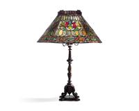 A Large Renaissance Revival Bronze Table Lamp with Stained Glass Shade