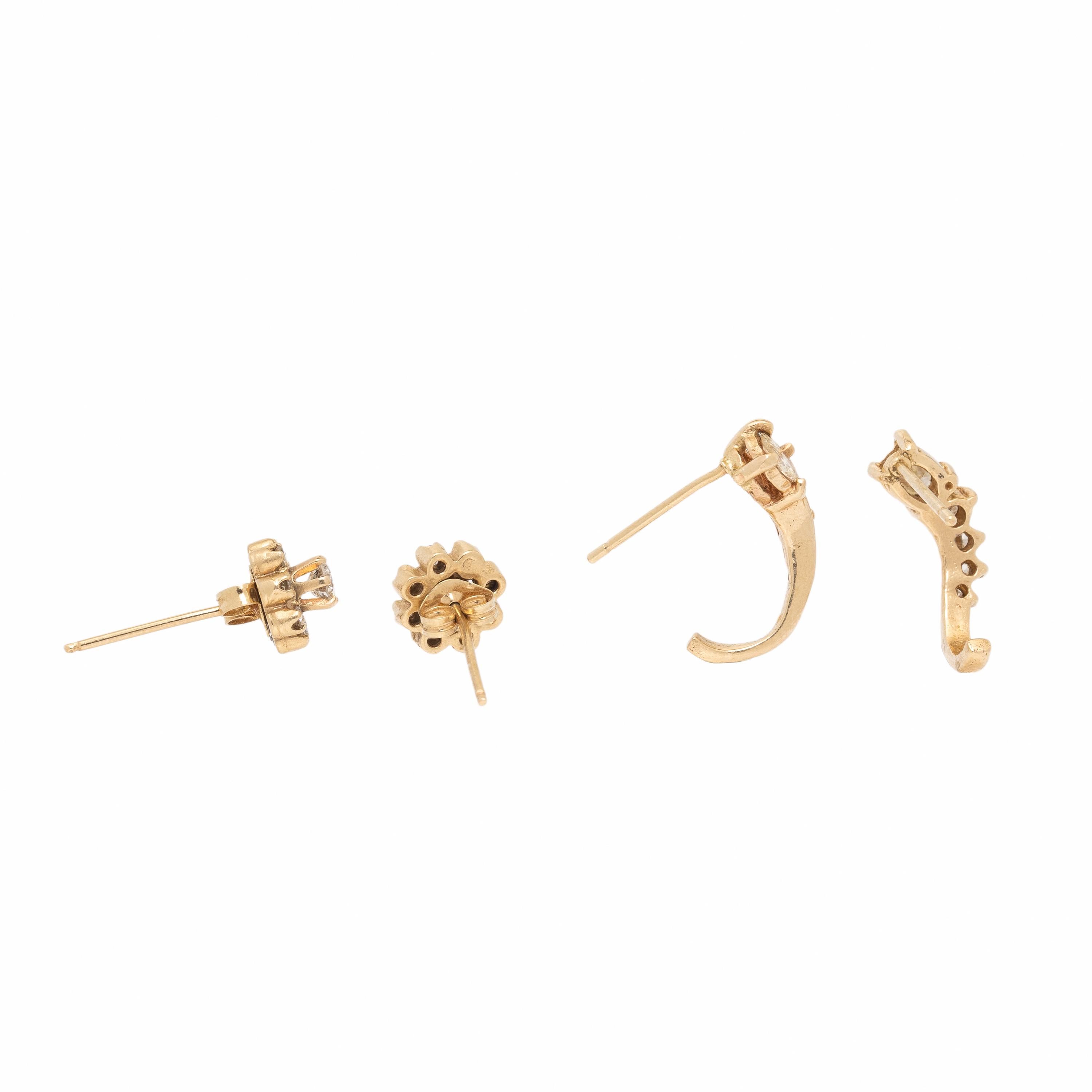 Two Pairs of Yellow Gold and Diamond Earrings