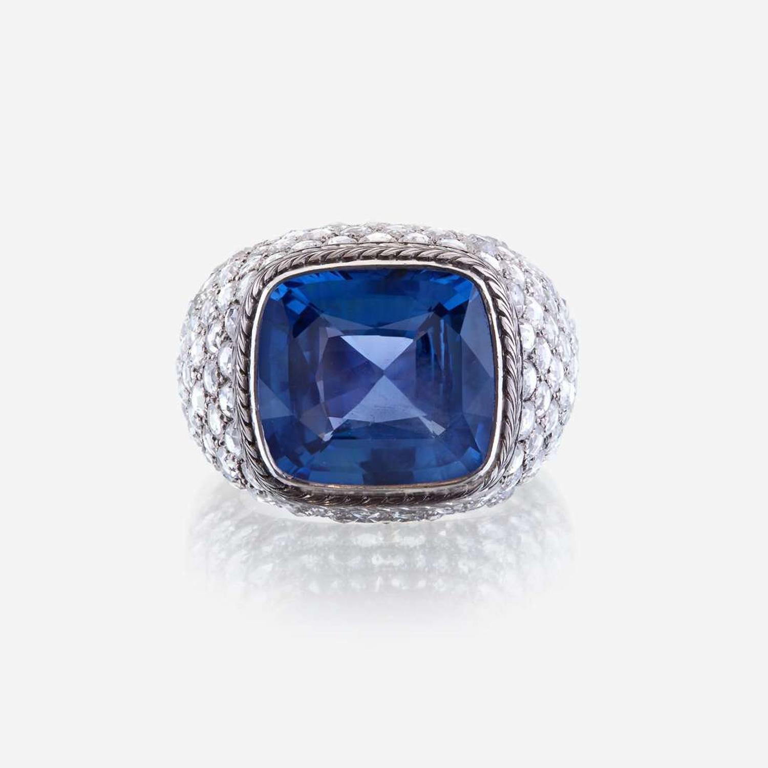 A sapphire, diamond, and platinum ring, R Simantov