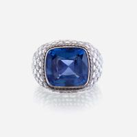 A sapphire, diamond, and platinum ring, R Simantov
