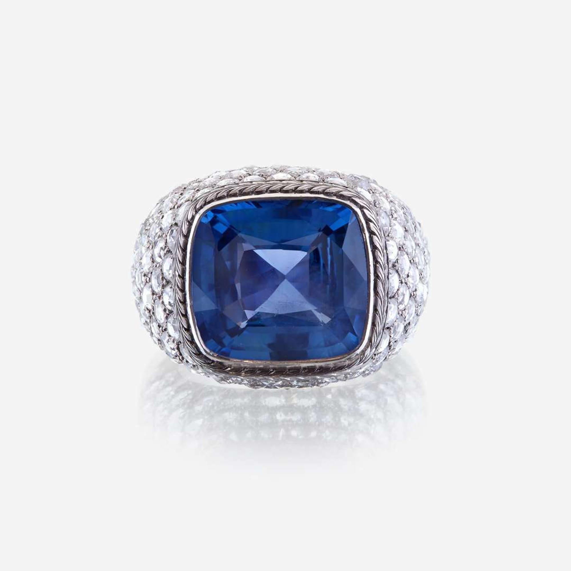 A sapphire, diamond, and platinum ring, R Simantov